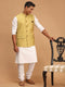 Vastramay Men's Yellow Jacquard Nehru Jacket with Kurta Pyjama Set